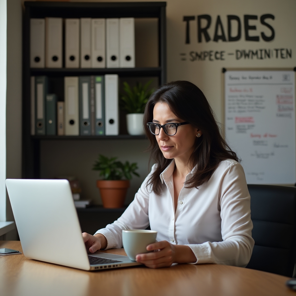 Trades business owner reviewing course material on a laptop in a small office