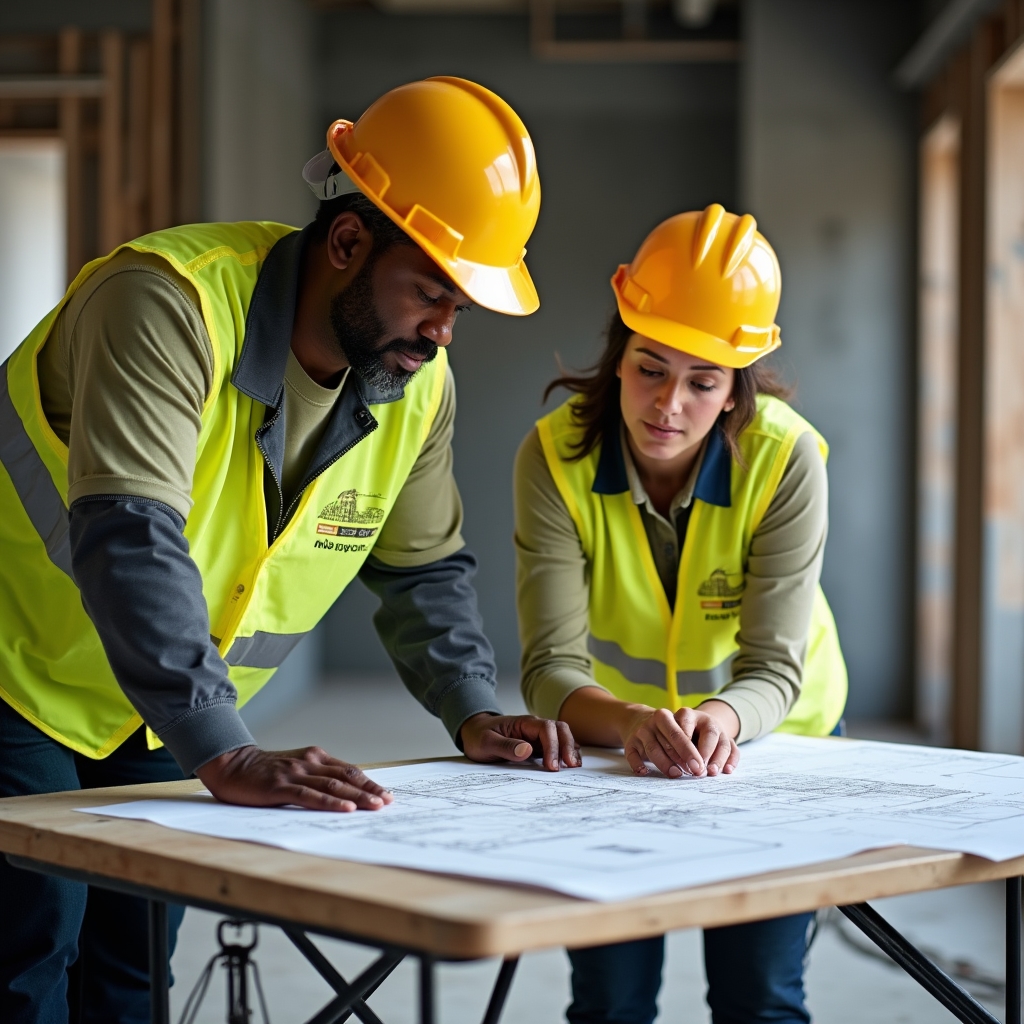 Electrical contractor and apprentice reviewing plans on a job site, collaborative discussion