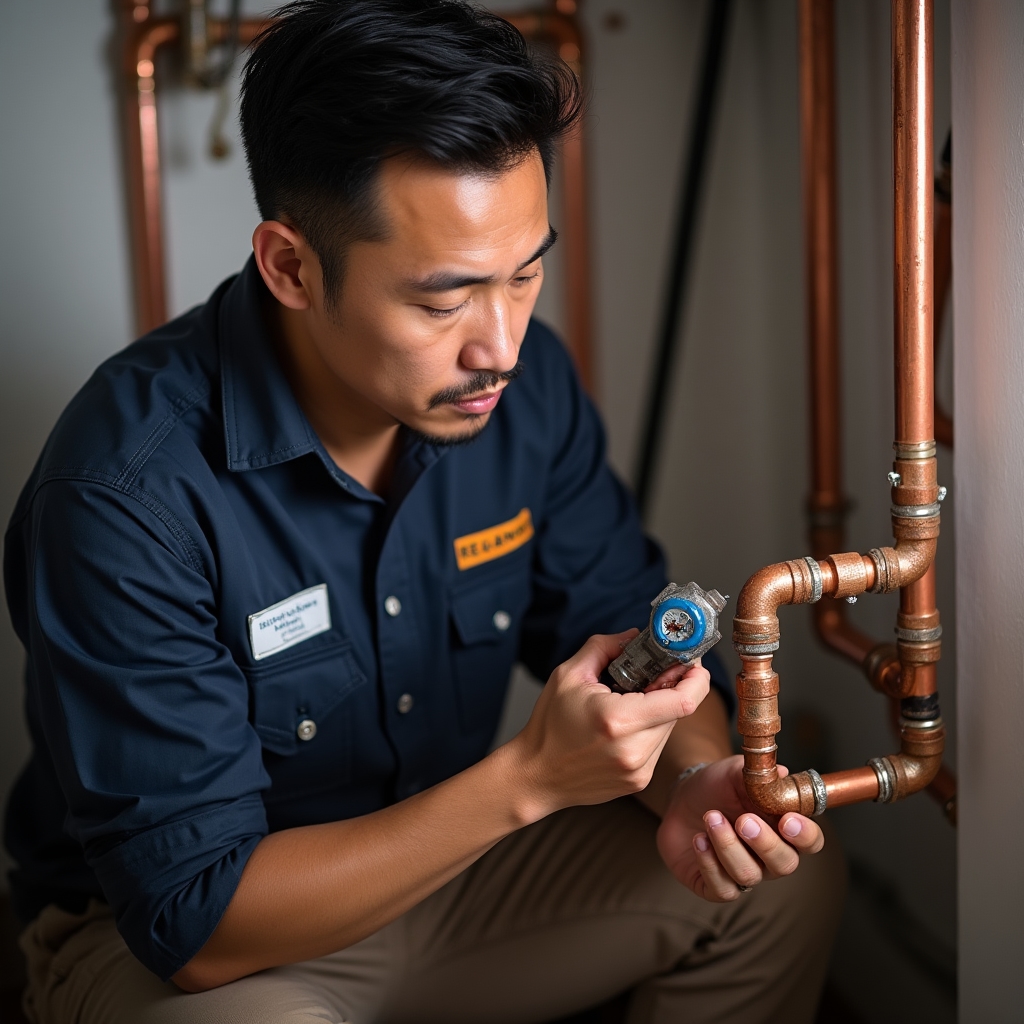 Plumber working on pipe installation in a residential setting, focused on fitting connections